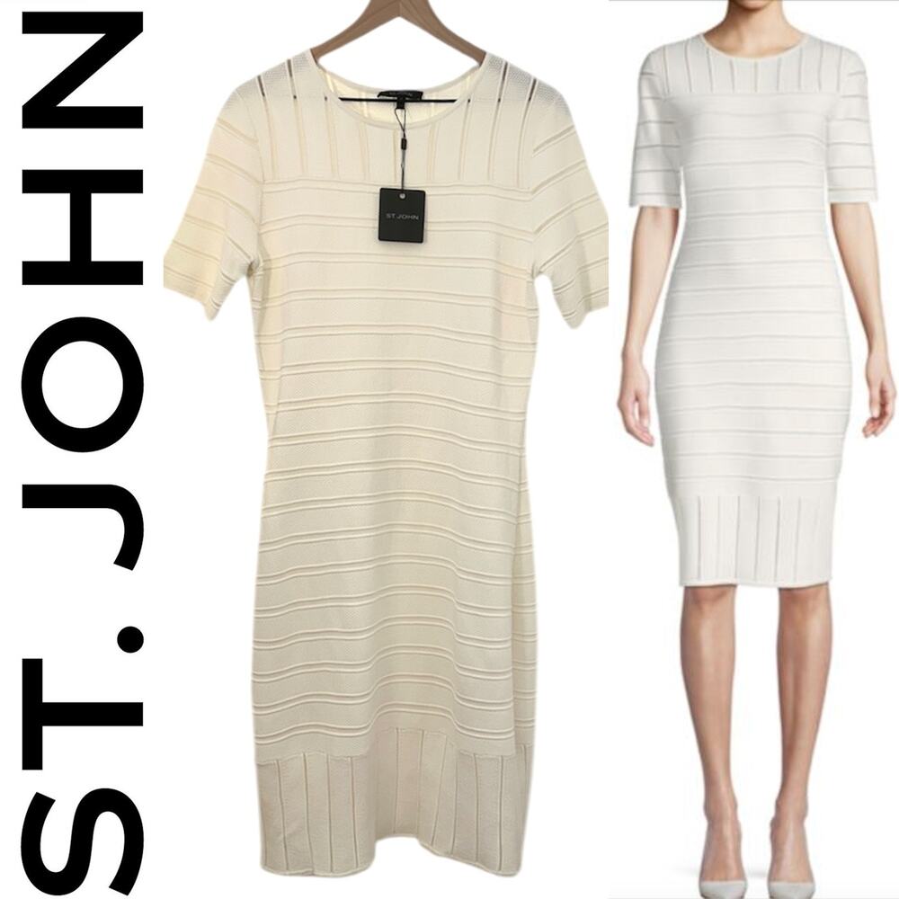 $995 ST JOHN NWT Designer Neutral Cream White Knit Lined Dress – Size 8